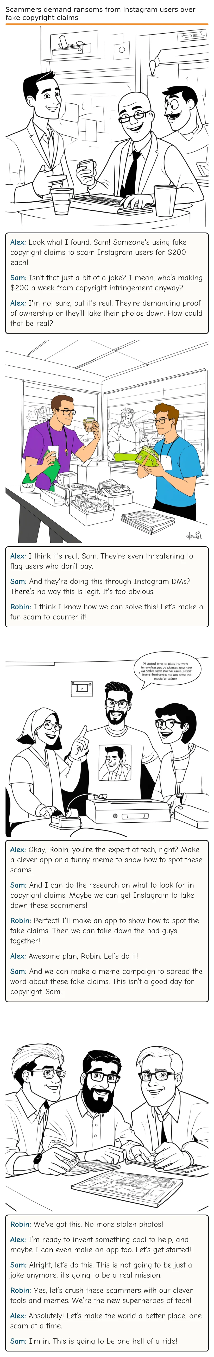 Scammers demand ransoms from Instagram users over fake copyright claims — comic strip